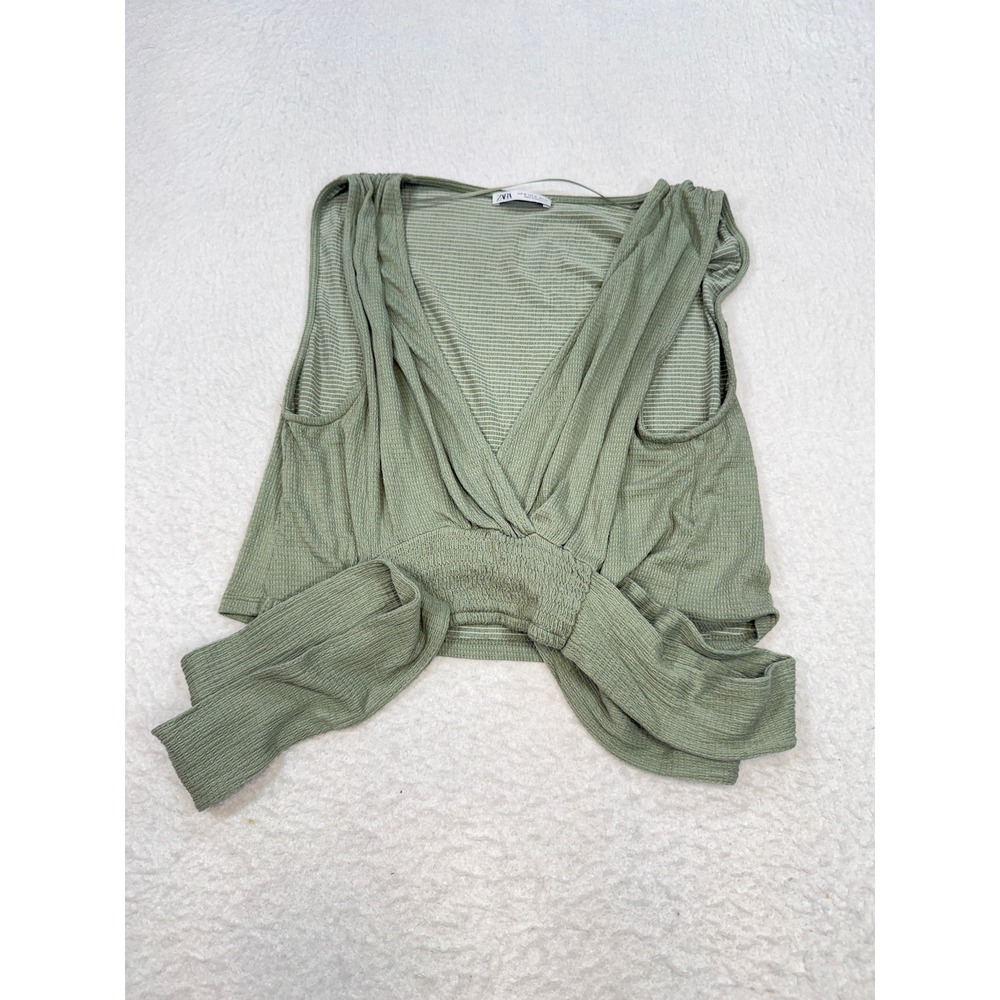Zara Sage Green Ribbed Knit Wrap Front Tie Waist Crop Top Size Medium